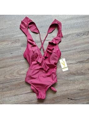 Nwt Joan Vass Maroon Fitted Waist One Piece Swimsuit Size Small